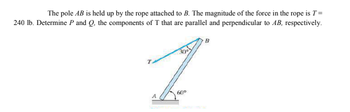 The pole AB is held up by the rope attached to B. The magnitude of the force in the rope is T =
240 lb. Determine P and Q, the components of T that are parallel and perpendicular to AB, respectively.
60°
A
