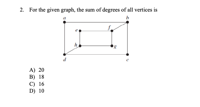 2. For the given graph, the sum of degrees of all vertices is
h
d
A) 20
В) 18
C) 16
D) 10
