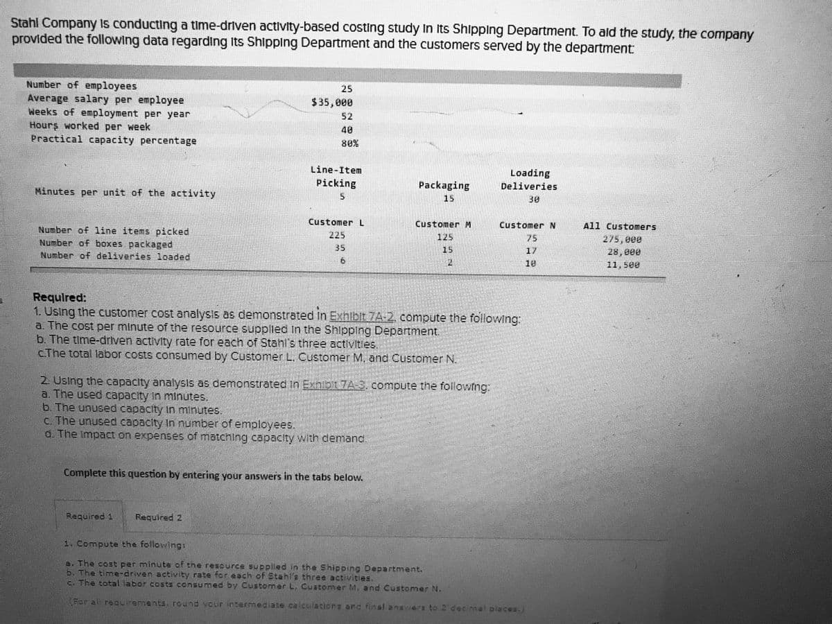 Stahl Company is conducting a time-driven activity-based costing study In Its Shipping Department. To ald the study, the company
provided the following data regarding Its Shipplng Department and the customers served by the department:
Number of employees
Average salary per employee
Weeks of employment per year
Hours worked per week
Practical capacity percentage
25
$35,000
52
40
80%
Line-Item
Loading
Picking
Packaging
Deliveries
Minutes per unit of the activity
15
30
CustomerL
Customer M
Customer N
All Customers
Number of 1ine items picked
Number of boxes packaged
225
125
75
275, 000
35
15
17
28,000
Number of deliveries loaded
10
11,500
Requlred:
1. Using the customer cost analysis as demonstrated in Exhlbit 7A-2, compute the following:
a. The cost per minute of the resource supplled In the Shipping Department.
b. The time-driven activity rate for each of Stahl's three activities.
c.The total labor costs consumed by Customer L. Customer M, and Customer N.
2. Using the capacity analysis as demonstrated in Exnibit 7A 3. compute the followng:
a. The used capacity in minutes.
b. The unused capacity In minutes.
C. The unused capacity In number of employees.
d. The impact on expenses of matching capacity with demand.
Complete this question by entering your answers in the tabs below.
Required 1
Required 2
1. Compute the following:
a. The cost per minute of the rescurce supplled in the Shippin
b. The time-driven activity rate for each of Stahl's three activities.
c. The total labor costs consumed by Customer L, Customer M, and Customer N.
Department.
(For all reguirements. round your intermediate calculations and final ansvers to 2 decimat piaces.)
