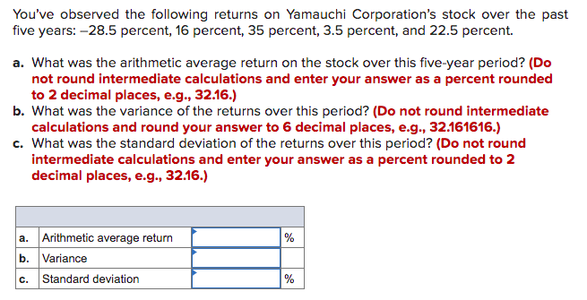 You've observed the following returns on Yamauchi Corporation's stock over the past
five years: -28.5 percent, 16 percent, 35 percent, 3.5 percent, and 22.5 percent.
a. What was the arithmetic average return on the stock over this five-year period? (Do
not round intermediate calculations and enter your answer as a percent rounded
to 2 decimal places, e.g., 32.16.)
b. What was the variance of the returns over this period? (Do not round intermediate
calculations and round your answer to 6 decimal places, e.g., 32.161616.)
c. What was the standard deviation of the returns over this period? (Do not round
intermediate calculations and enter your answer as a percent rounded to 2
decimal places, e.g., 32.16.)
a. Arithmetic average return
%
b. Variance
Standard deviation
%
C.
