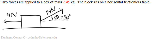 Two forces are
applied to a box of mass 1.45 kg. The block sits on a horizontal frictionless table
1YN
9=300
Dunham, Conner C - ccdunha@clemson.edu
