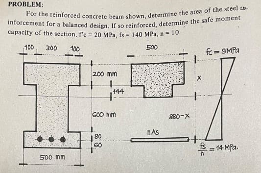 PROBLEM:
For the reinforced concrete beam shown, determine the area of the steel re-
inforcement for a balanced design. If so reinforced, determine the safe moment
capacity of the section, f'c = 20 MPa, fs = 140 MPa, n = 10
100
300 100
500
fc=9MPa
200 mm
600 nim
80
60
= 14 MPa.
500 mm
144
nAs
880-X
+