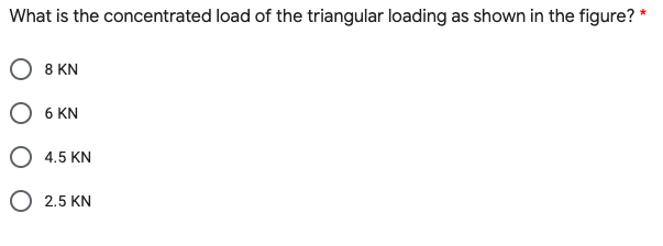 What is the concentrated load of the triangular loading as shown in the figure? *
8 KN
O 6 KN
O 4.5 KN
O 2.5 KN
