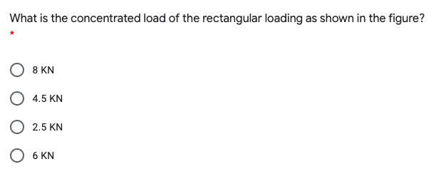 What is the concentrated load of the rectangular loading as shown in the figure?
8 KN
О 4.5 KN
О 2.5 KN
О 6 KN
