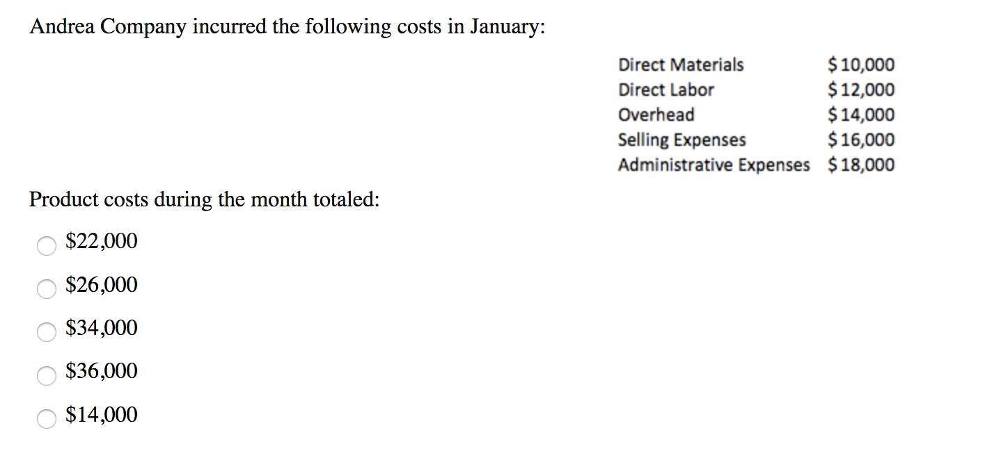 Andrea Company incurred the following costs in January:
$10,000
$12,000
$14,000
$16,000
Administrative Expenses $18,000
Direct Materials
Direct Labor
Overhead
Selling Expenses
Product costs during the month totaled:
$22,000
$26,000
$34,000
$36,000
$14,000
