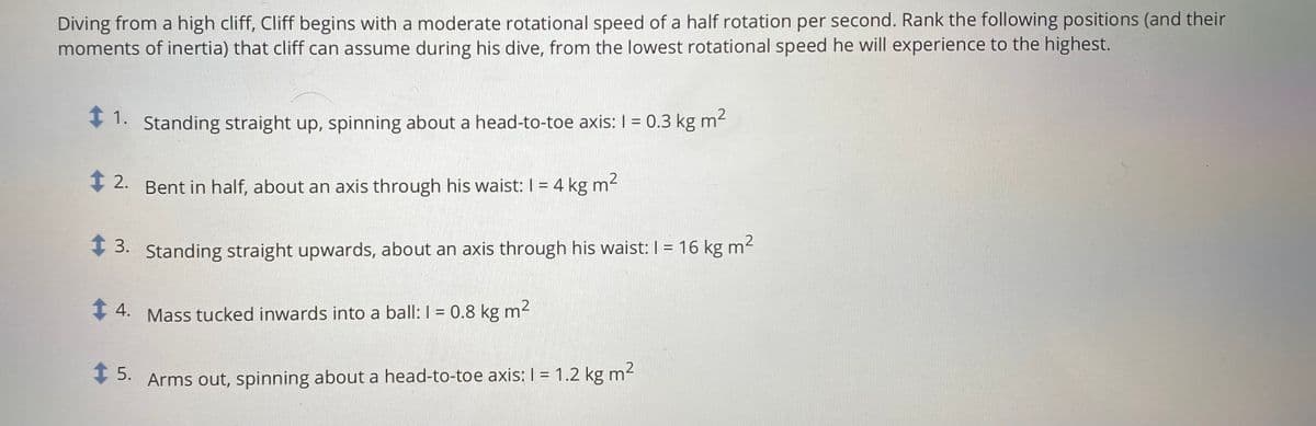 Diving from a high cliff, Cliff begins with a moderate rotational speed of a half rotation per second. Rank the following positions (and their
moments of inertia) that cliff can assume during his dive, from the lowest rotational speed he will experience to the highest.
+ 1. Standing straight up, spinning about a head-to-toe axis: I = 0.3 kg m2
+ 2. Bent in half, about an axis through his waist: I = 4 kg m-
%3D
+ 3. Standing straight upwards, about an axis through his waist: I = 16 kg m2
+ 4. Mass tucked inwards into a ball: I = 0.8 kg m-
+ 3. Arms out, spinning about a head-to-toe axis: I = 1.2 kg m2
