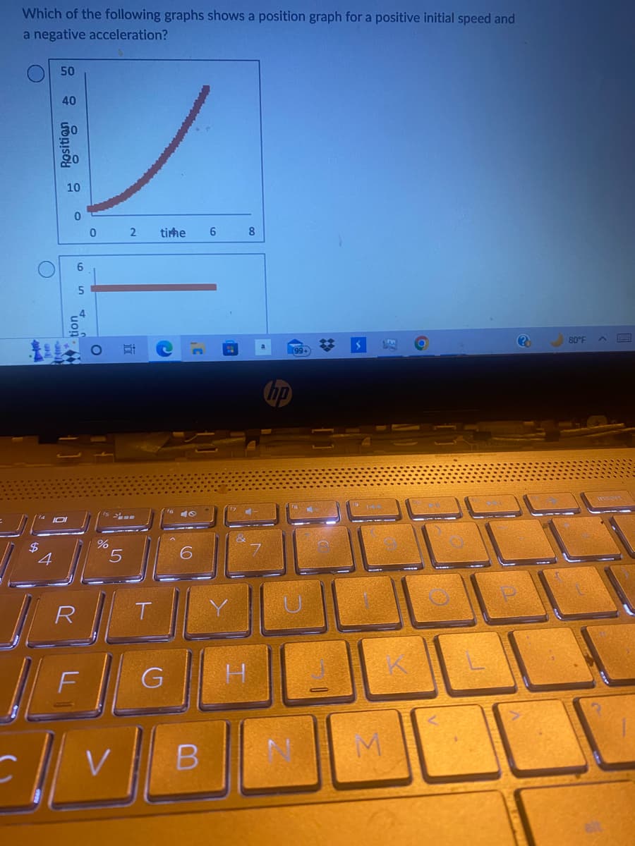 Which of the following graphs shows a position graph for a positive initial speed and
a negative acceleration?
O
()
4
40
Rosition
10
0
65
T
don
♥♥
R
0
15
%
5
V
2
E
time 6
G
18
6
B
H
8
(99+)
M
T
80°F