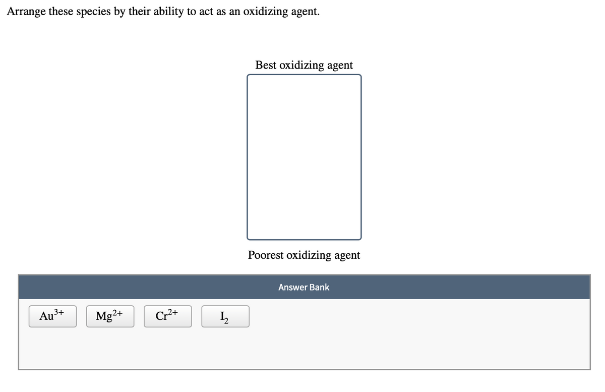 Arrange these species by their ability to act as an oxidizing agent.
Best oxidizing agent
Poorest oxidizing agent
Answer Bank
Au3+
Mg2+
Cr2+
