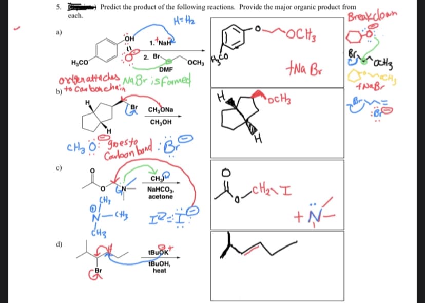 5.
each.
Predict the product of the following reactions. Provide the major organic product from
Breakelown
он
1. "NaH
H,CO
2. Br
`OCH3
tNa Br
DMF
ovlfen attaches
b) to Can bonchain
NABrisformed
CH,ONa
CH,OH
CHz Ö: goesto
Caubon bond
CH,P
NaHCO,,
acetone
CH,
N-(当
CH3
+N
d)
tBuOK
IBUOH,
heat
Br
