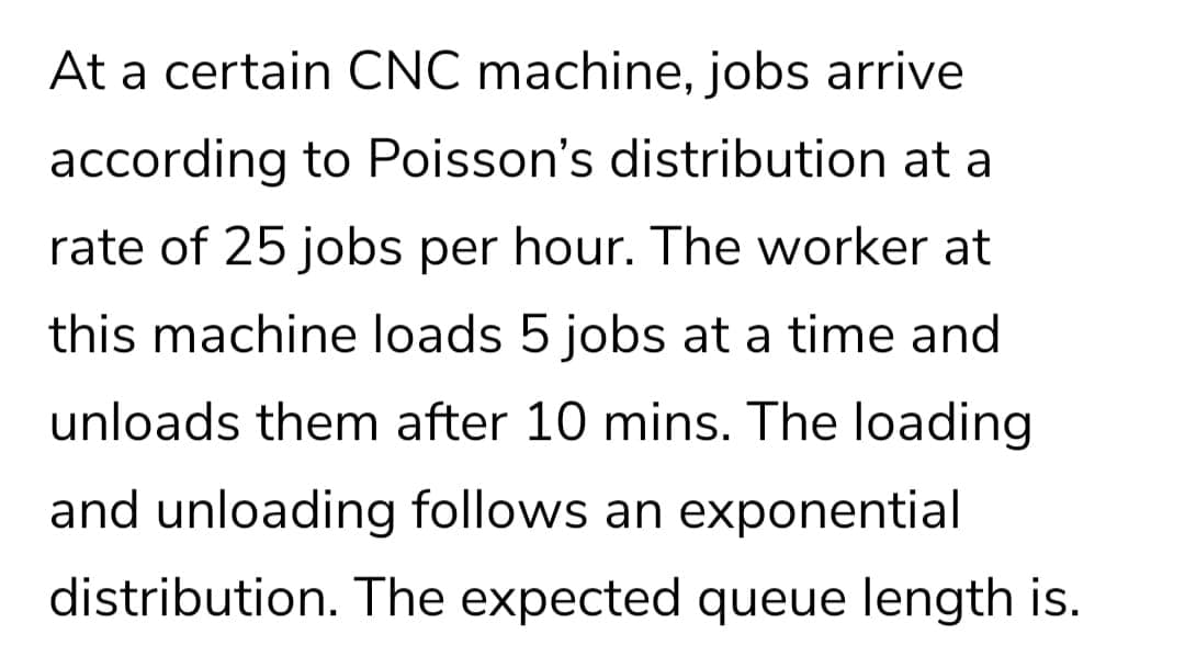 At a certain CNC machine, jobs arrive
according to Poisson's distribution at a
rate of 25 jobs per hour. The worker at
this machine loads 5 jobs at a time and
unloads them after 10 mins. The loading
and unloading follows an exponential
distribution. The expected queue length is.

