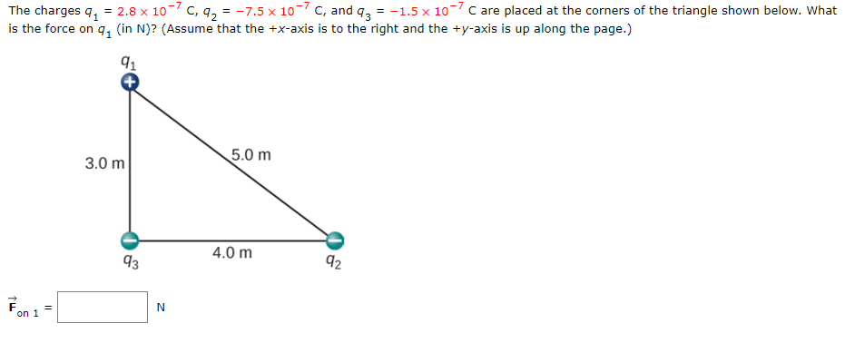 -7
The charges q₁ = 2.8 x 10
C, 9₂ = -7.5 x 10-7 c, and q3 = -1.5 x 10-7 C are placed at the corners of the triangle shown below. What
is the force on q₁ (in N)? (Assume that the +x-axis is to the right and the +y-axis is up along the page.)
91
Fon 1 =
3.0 m
93
N
5.0 m
4.0 m
92