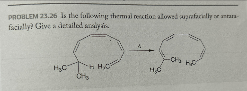 PROBLEM 23.26 Is the following thermal reaction allowed suprafacially or antara-
facially? Give a detailed analysis.
H3C
H H₂C
CH3
A
-CH3 HC
H3C