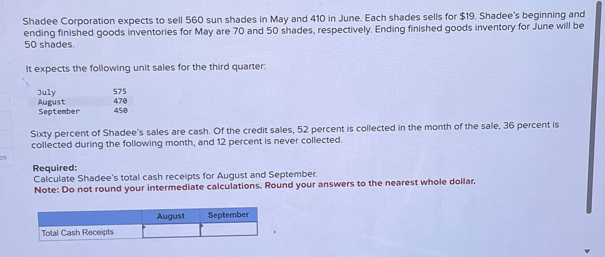 es
Shadee Corporation expects to sell 560 sun shades in May and 410 in June. Each shades sells for $19. Shadee's beginning and
ending finished goods inventories for May are 70 and 50 shades, respectively. Ending finished goods inventory for June will be
50 shades.
It expects the following unit sales for the third quarter:
July
August
September
575
470
450
Sixty percent of Shadee's sales are cash. Of the credit sales, 52 percent is collected in the month of the sale, 36 percent is
collected during the following month, and 12 percent is never collected.
Required:
Calculate Shadee's total cash receipts for August and September.
Note: Do not round your intermediate calculations. Round your answers to the nearest whole dollar.
Total Cash Receipts
August
September