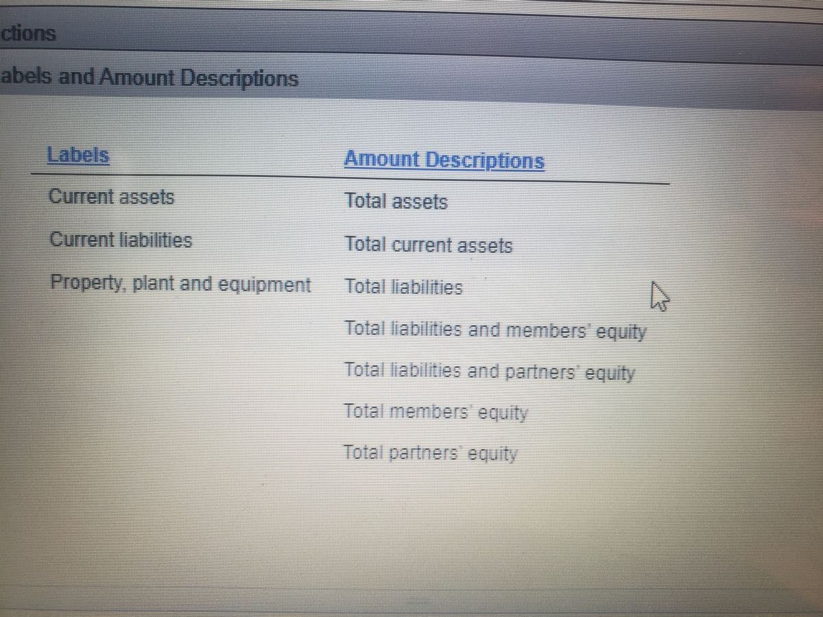 ctions
abels and Amount Descriptions
Labels
Amount Descriptions
Current assets
Total assets
Current liabilities
Total current assets
Property, plant and equipment Total liabilities
Total liabilities and members' equity
Total liabilities and partners equity
Total members equity
Total partnerS equily
