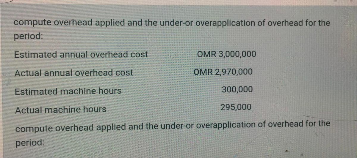 compute overhead applied and the under-or overapplication of overhead for the
period:
Estimated annual overhead cost
OMR 3,000,000
Actual annual overhead cost
OMR 2,970,000
Estimated machine hours
300,000
Actual machine hours
295,000
compute overhead applied and the under-or overapplication of overhead for the
period:
