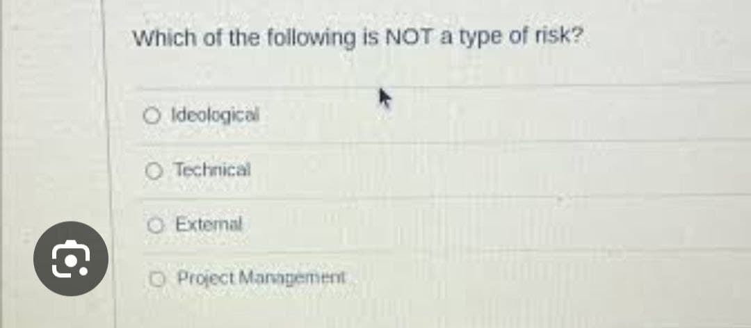 Which of the following is NOT a type of risk?
O Ideological
O Technical
O External
Project Management
€
