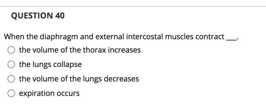 QUESTION 40
When the diaphragm and external intercostal muscles contract
the volume of the thorax increases
the lungs collapse
the volume of the lungs decreases
expiration occurs
