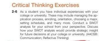 Critical Thinking Exercises
2-6 As a student you have individual experiences with your
college or university. These may include managing the ap-
plication process, enrolling, orientation, choosing a major,
setting schedules, and many more. Conduct a SWOT
analysis for your school from your perspective. Discuss
how your SWOT analysis would provide strategic insight
for future decisions at your college or university. (AACSB:
Communication; Reflective Thinking)