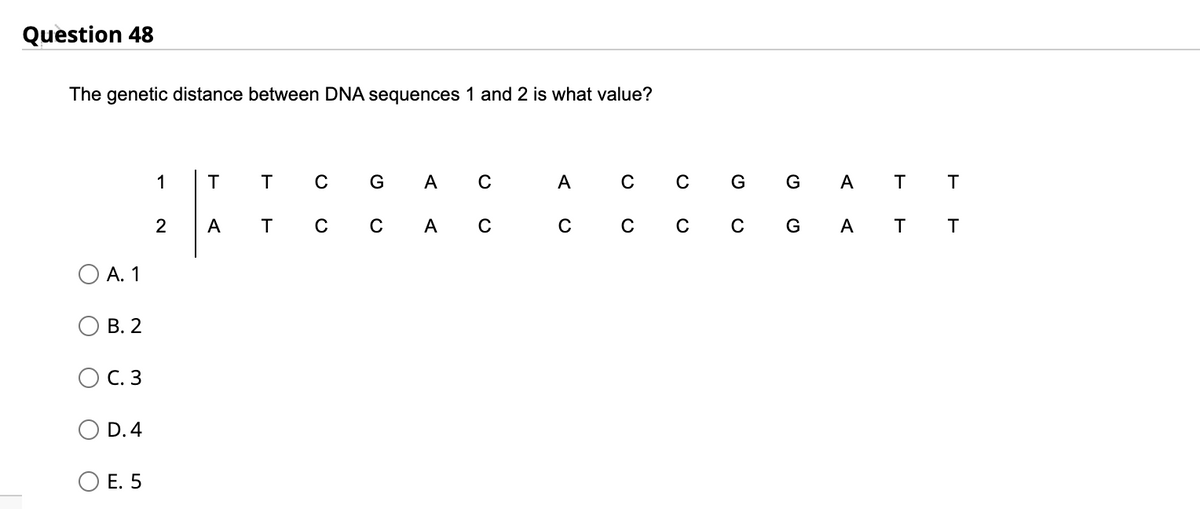 Question 48
The genetic distance between DNA sequences 1 and 2 is what value?
1
T
T
с G
A
C
А
C
G G A T T
2
A
т с с
A C c
G
A T T
O A. 1
О В. 2
O C.3
O D.4
Е. 5

