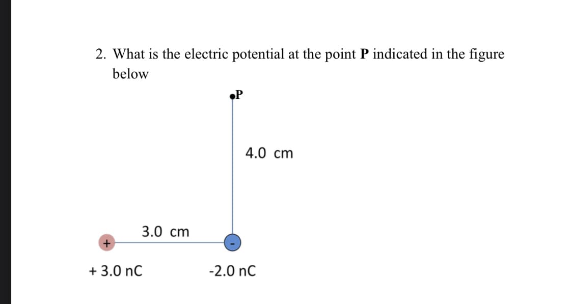 2. What is the electric potential at the point P indicated in the figure
below
+ 3.0 nC
3.0 cm
4.0 cm
-2.0 nC