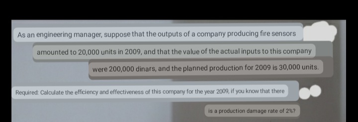 As an engineering manager, suppose that the outputs of a company producing fire sensors
amounted to 20,000 units in 2009, and that the value of the actual inputs to this company
were 200,000 dinars, and the planned production for 2009 is 30,000 units.
Required: Calculate the efficiency and effectiveness of this company for the year 2009, if you know that there
is a production damage rate of 2%?
