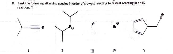 8. Rank the following attacking species in order of slowest reacting to fastest reacting in an E2
reaction. (4)
Br
II
III
IV
V

