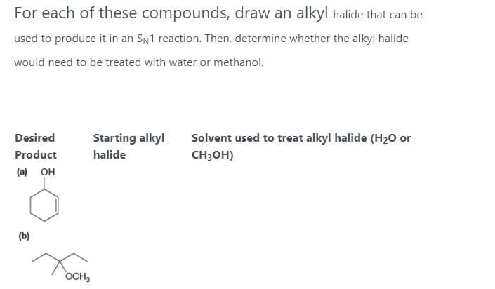 For each of these compounds, draw an alkyl halide that can be
used to produce it in an SN1 reaction. Then, determine whether the alkyl halide
would need to be treated with water or methanol.
Desired
Starting alkyl
Solvent used to treat alkyl halide (H20 or
Product
halide
CH3OH)
(a) он
(b)
OCH,
