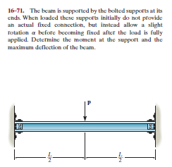 16-71. The beam is suppofted by the bolted suppofts at its
chds. When loaded these suppofts initially do not provide
an actual fixed connection, but instead allow a slight
Totation a before becoming fixed after the koad is fully
applied. Determine the moment at the support and the
maximum deflection of the beam.
