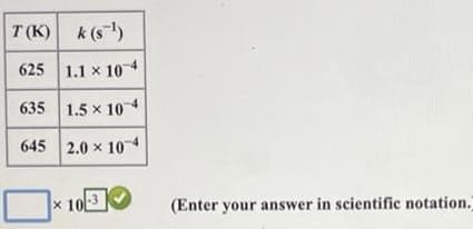 T (K) k (s)
625 1.1 x 10
635 1.5 x 10 4
645 2.0 x 10
x 10
-3
(Enter your answer in scientific notation.
