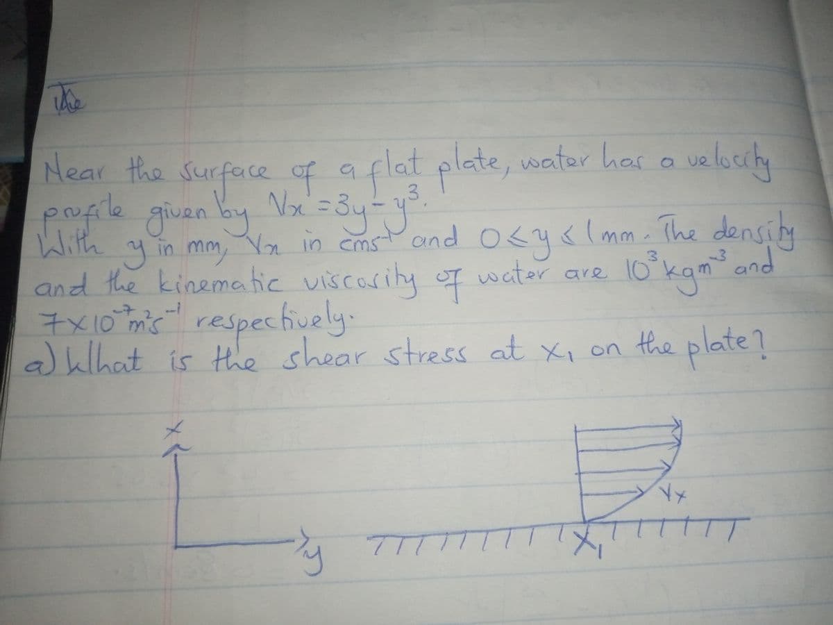 the
Near the Surfece of a flat plate, water har a ve locrchy
profile givan by Vx =3y-y.
sater has
elocrt
With
yin mm, Vx in cmst
and the kinematic viscarity of water are 10
7x10 mis respectively.
a)klhat is the shear stress at Xi on the plate?
and O<yslmm- The density
3.
10ʻkam²and
°kgm
at x, on the
Yx
TTI
