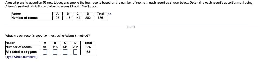 A resort plans to apportion 53 new toboggans among the four resorts based on the number of rooms in each resort as shown below. Determine each resort's apportionment using
Adams's method. Hint: Some divisor between 12 and 13 will work.
Total
Resort
Number of rooms
A
В
D
98
115
141
282
636
What is each resort's apportionment using Adams's method?
Resort
Number of rooms
A
B
D
Total
98
115
141
282
636
Allocated toboggans
(Type whole numbers.)
53
