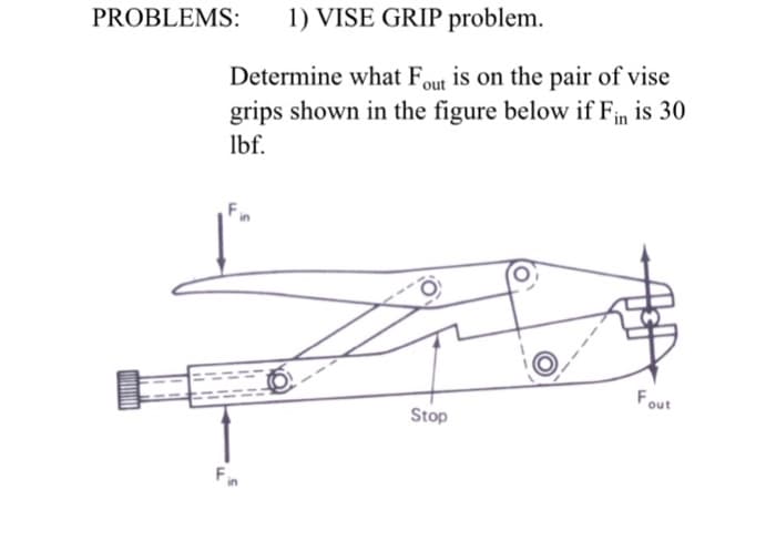1) VISE GRIP problem.
Determine what Fout is on the pair of vise
grips shown in the figure below if Fin is 30
lbf.
PROBLEMS:
Fin
Stop
Fout