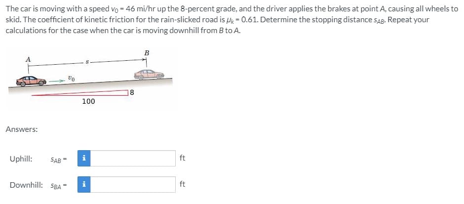 The car is moving with a speed vo = 46 mi/hr up the 8-percent grade, and the driver applies the brakes at point A, causing all wheels to
skid. The coefficient of kinetic friction for the rain-slicked road is lk = 0.61. Determine the stopping distance sĄB. Repeat your
calculations for the case when the car is moving downhill from B to A.
в
8
100
Answers:
Uphill:
SAB =
ft
Downhill: SBA
i
ft
