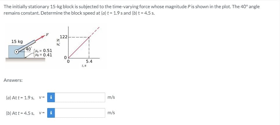 The initially stationary 15-kg block is subjected to the time-varying force whose magnitude P is shown in the plot. The 40° angle
remains constant. Determine the block speed at (a) t = 1.9 s and (b) t = 4.5 s.
122
15 kg
40
S4 = 0.51
H = 0.41
5.4
Answers:
(a) At t = 1.9 s, v=
m/s
(b) At t = 4.5 s, v=
i
m/s
