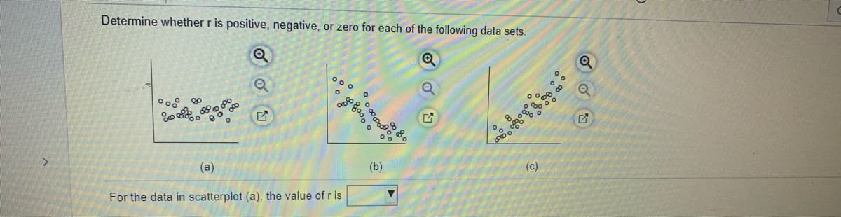 Determine whether r is positive, negative, or zero for each of the following data sets.
Oo o
(c)
(b)
<>
(a)
For the data in scatterplot (a), the value of r is
జిశింర
