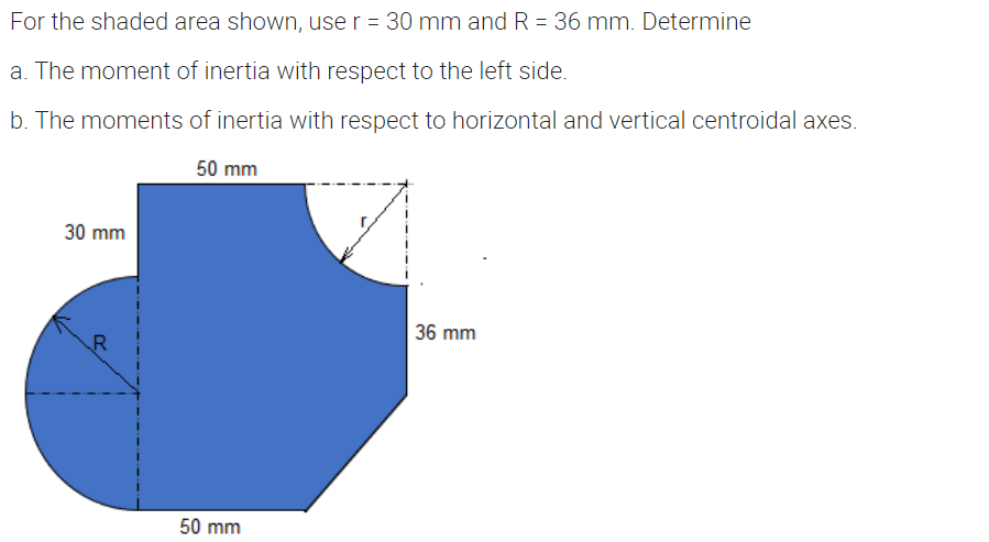 For the shaded area shown, use r = 30 mm and R = 36 mm. Determine
a. The moment of inertia with respect to the left side.
b. The moments of inertia with respect to horizontal and vertical centroidal axes.
50 mm
30 mm
36 mm
50 mm
