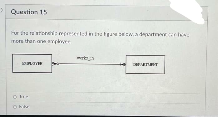 Question 15
For the relationship represented in the figure below, a department can have
more than one employee.
works_in
EMPLOYEE
DEPARTMENT
True
False
