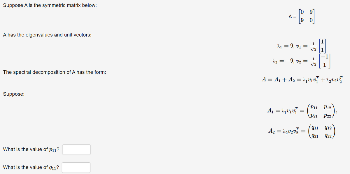 Suppose A is the symmetric matrix below:
A has the eigenvalues and unit vectors:
The spectral decomposition of A has the form:
Suppose:
What is the value of p11?
What is the value of 911?
A =
2₁ = 9,0₁ =
=+H
2₂ = -9, v₂ =
A = A₁ + A₂ =2₁V₁ V² +h₂V₂V/²
A₁ = 2₁
A2 = 1₂V₂v₂ =
P11 P12
P21
P22,
911 912
921 922/