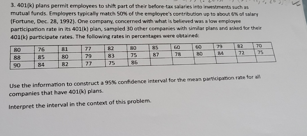 3. 401(k) plans permit employees to shift part of their before-tax salaries into investments such as
mutual funds. Employers typically match 50% of the employee's contribution up to about 6% of salary
(Fortune, Dec. 28, 1992). One company, concerned with what is believed was a low employee
participation rate in its 401(k) plan, sampled 30 other companies with similar plans and asked for their
401(k) participate rates. The following rates in percentages were obtained:
80
88
90
76
85
84
81
80
82
77
79
77
82
83
75
80
75
86
85
87
60
78
60
80
79
84
82
72
70
75
Use the information to construct a 95% confidence interval for the mean participation rate for all
companies that have 401(k) plans.
Interpret the interval in the context of this problem.