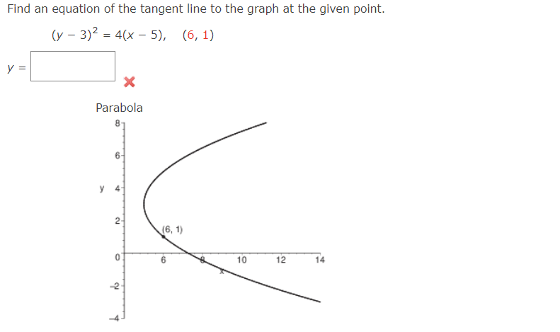 Find an equation of the tangent line to the graph at the given point.
(y - 3)² = 4(x - 5), (6, 1)
y =
X
Parabola
2-
0
N
C
(6, 1)
6
10
12
14