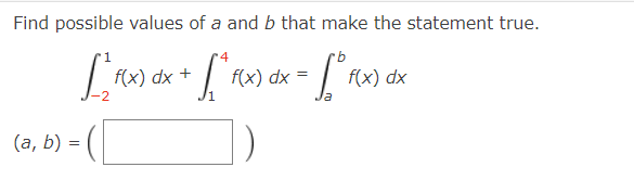 Find possible values of a and b that make the statement true.
4
[² f(x) dx + [ª
(a, b) =
f(x) dx
)
-L' Ax
f(x) dx