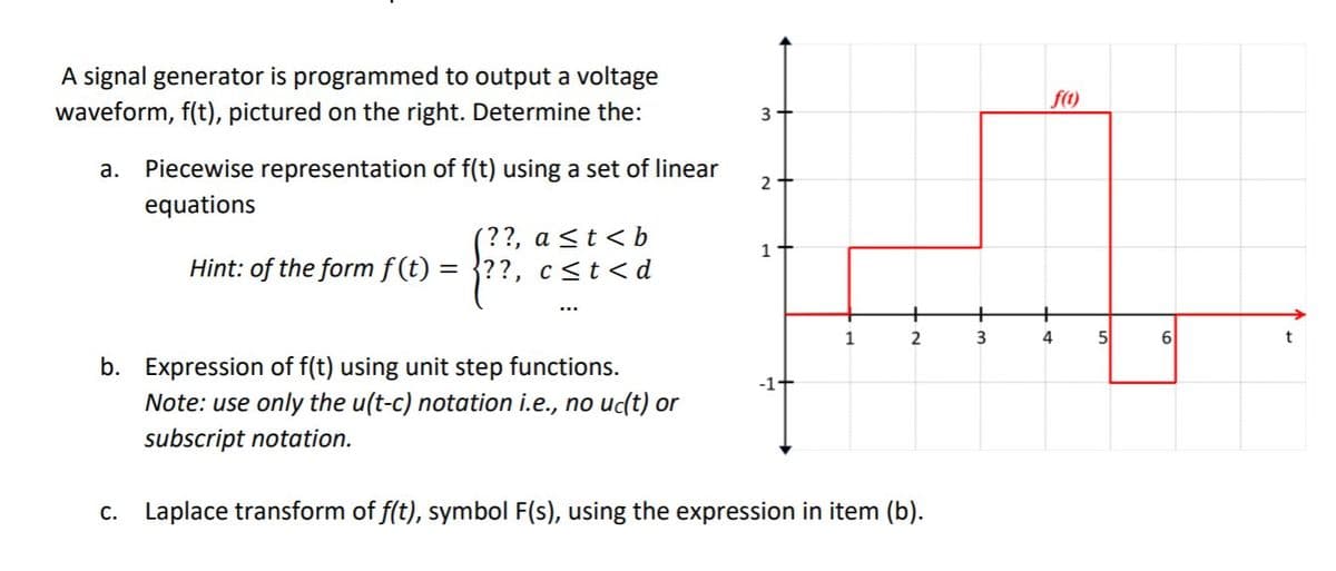 A signal generator is programmed to output a voltage
waveform, f(t), pictured on the right. Determine the:
f(1)
3 +
Piecewise representation of f(t) using a set of linear
2
а.
equations
??, a <t < b
Hint: of the form f (t) = }??, c<t<d
1
2
3
4
5
b. Expression of f(t) using unit step functions.
Note: use only the u(t-c) notation i.e., no uɖ(t) or
subscript notation.
-1+
c. Laplace transform of f(t), symbol F(s), using the expression in item (b).

