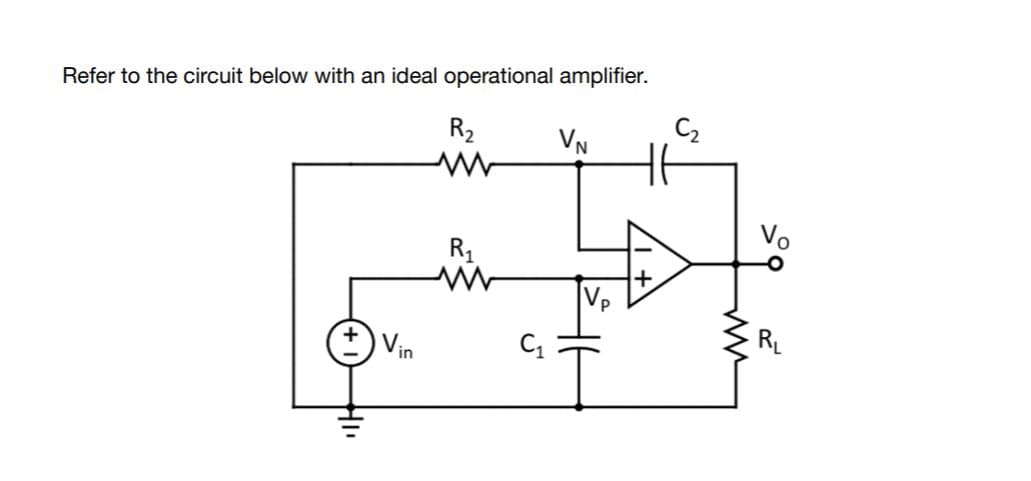 Refer to the circuit below with an ideal operational amplifier.
C2
R2
VN
Vo
R1
RL
Vin
