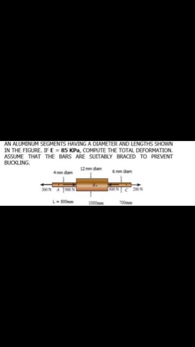 AN ALUMINUM SEGMENTS HAVING A DIAMETER AND LENGTHS SHOWN
IN THE FIGURE. IF E= 85 KPa, COMPUTE THE TOTAL DEFORMATION.
ASSUME THAT THE BARS ARE SUITABLY BRACED TO PREVENT
BUCKLING.
12mm diam
4 mm diam
6 mm diam
300 NA 1900 N
SON C 200 N
L-500mm
700mm
1000mm