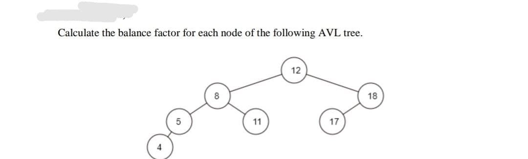 Calculate the balance factor for each node of the following AVL tree.
12
18
11
17
