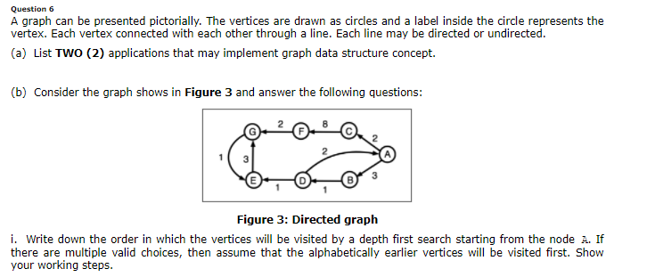 Question 6
A graph can be presented pictorially. The vertices are drawn as circles and a label inside the circle represents the
vertex. Each vertex connected with each other through a line. Each line may be directed or undirected.
(a) List TWO (2) applications that may implement graph data structure concept.
(b) Consider the graph shows in Figure 3 and answer the following questions:
Figure 3: Directed graph
i. Write down the order in which the vertices will be visited by a depth first search starting from the node A. If
there are multiple valid choices, then assume that the alphabetically earlier vertices will be visited first. Show
your working steps.
