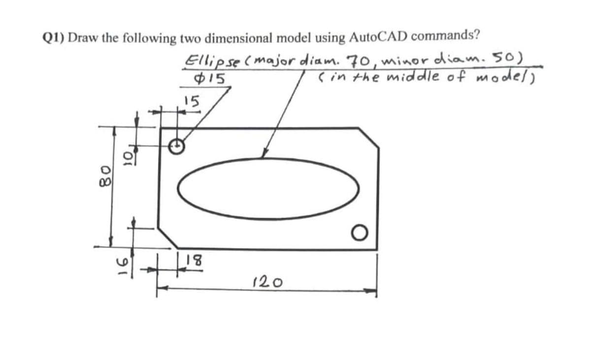 Q1) Draw the following two dimensional model using AutoCAD commands?
Ellipse(major diam. 70, wminor diam. 50)
Tin the middle of model)
$15
15
18
120
91
