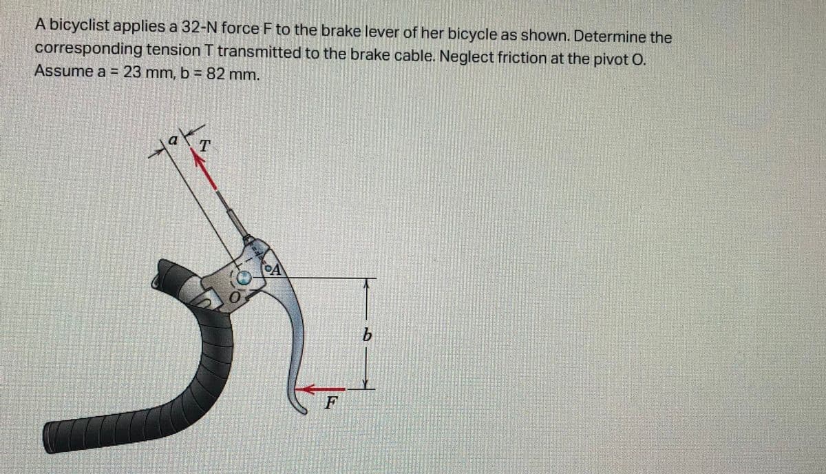 A bicyclist applies a 32-N force F to the brake lever of her bicycle as shown. Determine the
corresponding tension T transmitted to the brake cable. Neglect friction at the pivot O.
Assume a = 23 mm, b = 82 mm.
