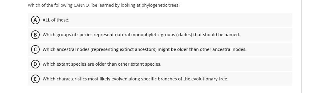 Which of the following CANNOT be learned by looking at phylogenetic trees?
(A) ALL of these.
(B) Which groups of species represent natural monophyletic groups (clades) that should be named.
(C) Which ancestral nodes (representing extinct ancestors) might be older than other ancestral nodes.
(D) Which extant species are older than other extant species.
(E) Which characteristics most likely evolved along specific branches of the evolutionary tree.