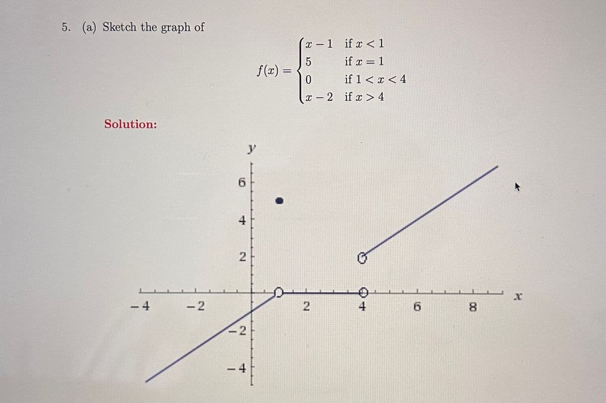 5. (a) Sketch the graph of
Solution:
-4
-2
6
+
2
-2
- 4
f(x)
y
=
x-1
5
0
if x < 1
if x = 1
if 1 < x < 4
x-2 if x > 4
2
t
6
8